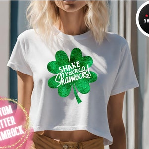 St. Patricks Day Crop Top, Women&#39;s Glitter Shamrock Tee Shirt, St Patricks Day Graphic, Cute Crop TShirt, St. Paddy&#39;s Day Tee, Lucky Shirt