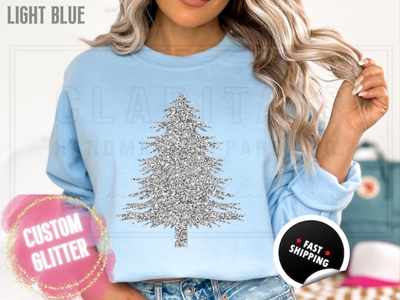 Glitter Christmas Tree Sweatshirt and T-Shirts: Bright Sparkly Holiday Sweater for Women. Custom Color Sparkling Festive Shirts