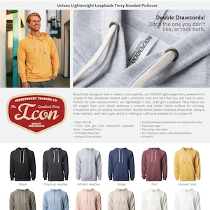 May include: A unisex lightweight hooded pullover sweatshirt in various colors. The sweatshirt is made of a loopback terry fabric and features double drawcords, antique silver eyelets, and a twill neck tape. The text "The Icon" is displayed in a circle with the words "Loopback Terry" and "Quality Sweatshirts".