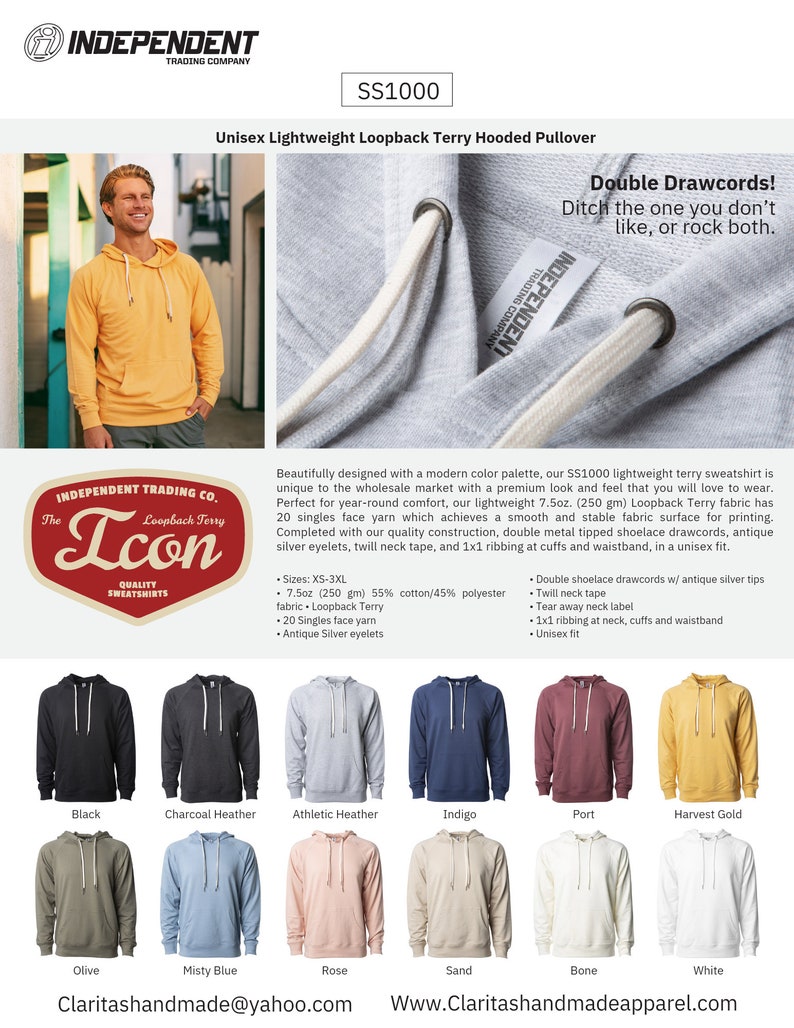 May include: A unisex lightweight hooded pullover sweatshirt in various colors. The sweatshirt is made of a loopback terry fabric and features double drawcords, antique silver eyelets, and a twill neck tape. The text "The Icon" is displayed in a circle with the words "Loopback Terry" and "Quality Sweatshirts".