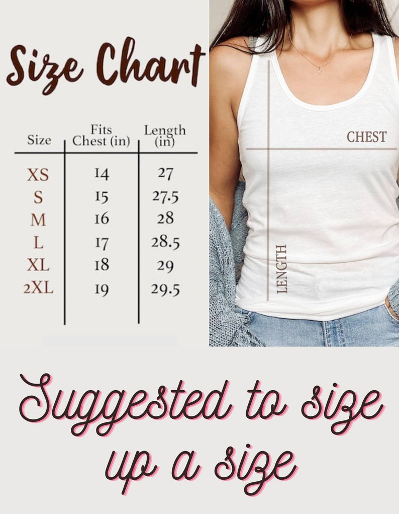 K&ouml;nnte beinhalten: Gr&ouml;&szlig;entabelle f&uuml;r ein Tanktop mit Ma&szlig;en in Zoll f&uuml;r Brustumfang und L&auml;nge. Die Tabelle zeigt die Gr&ouml;&szlig;en XS bis 2XL mit den entsprechenden Brust- und L&auml;ngenma&szlig;en. Der Text "Suggested to size up a size" ist ebenfalls enthalten.
