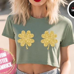 Women&#39;s Y2K St patricks day crop tshirt  | Cute glitter shamrock crop top | St patricks day crop tees | Crop top Y2K graphic | Gift for her