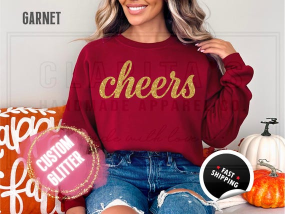 Glitter Christmas Sweatshirt and T-Shirts: Custom 'Cheers' Holiday Sweater in a Sparkly Glitz Text. Custom Color Sparkling Festive Shirts