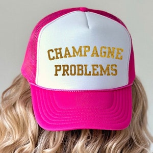 Bachelorette Party Trucker Hats,  Champagne Problems Gold Glitter Custom Color, 1990s Foam Mesh Snapback Trucker Hat, Cute Bridesmaids Gifts
