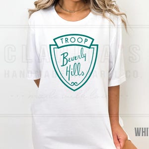 Troop Beverly Hills TShirt, Pink & Green Custom Beverly Hills Shirt, Wilderness girls, California Shirt 80s movie, Custom your Troop Sheild