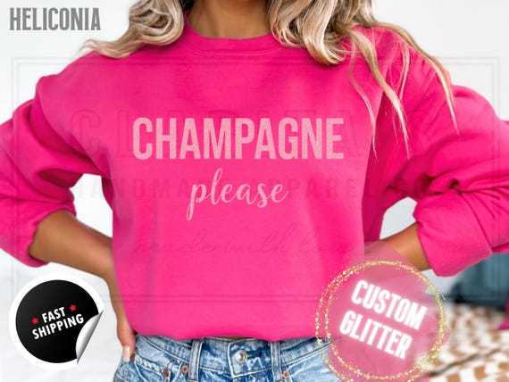 Sparkly Glitter Sweatshirt and T-Shirts: Christmas Bachelorette 'Champagne Please' Holiday Sweater. Custom Color Sparkling Festive Shirts