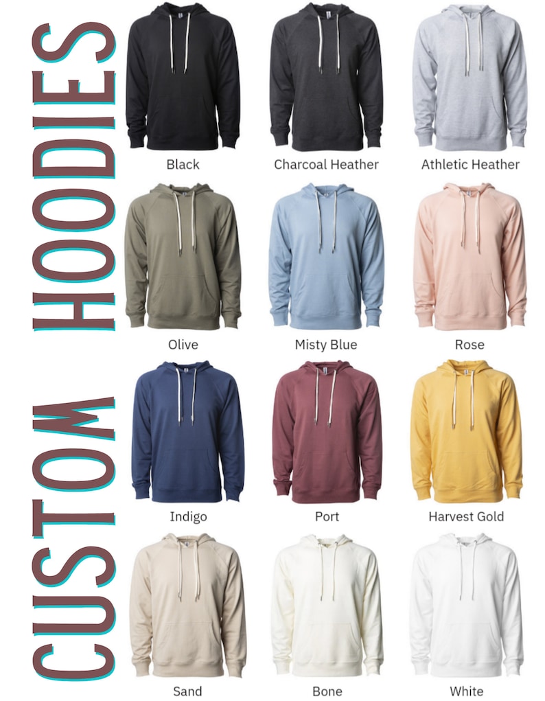 May include: A collage of 12 different colored hoodies. The hoodies are all the same style, with a drawstring hood and a kangaroo pocket. The colors are black, charcoal heather, athletic heather, olive, misty blue, rose, indigo, port, harvest gold, sand, bone, and white.