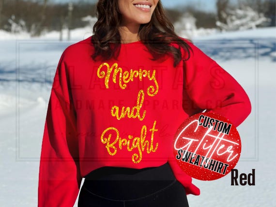 Red Christmas Sweatshirt: Women's Gold Glitter 'Merry & Bright' Holiday Sweater