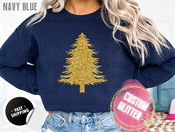 Glitter Christmas Tree Sweatshirt and T-Shirts: Bright Sparkly Holiday Sweater for Women. Custom Color Sparkling Festive Shirts