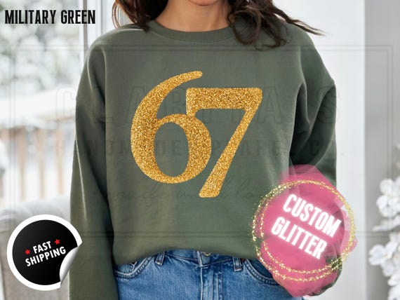 Glitter 67 Christmas Sweatshirt and T-Shirts: Funny 'Six Seven' Sparkly Holiday Sweater for Women. Custom Color Sparkling Festive Shirts