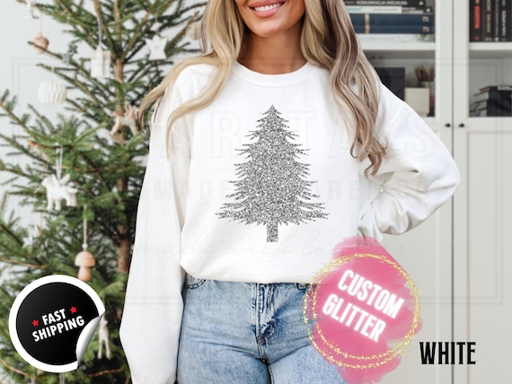 Glitter Christmas Tree Sweatshirt and T-Shirts: Bright Sparkly Holiday Sweater for Women. Custom Color Sparkling Festive Shirts