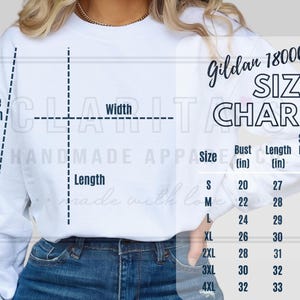 K&ouml;nnte beinhalten: Eine wei&szlig;e Gildan 18000 Sweatshirt-Gr&ouml;&szlig;entabelle mit Ma&szlig;en in Zoll f&uuml;r Brustumfang, L&auml;nge und &Auml;rmell&auml;nge. Die Tabelle zeigt die Gr&ouml;&szlig;en S bis 4XL.