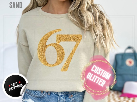Glitter 67 Christmas Sweatshirt and T-Shirts: Funny 'Six Seven' Sparkly Holiday Sweater for Women. Custom Color Sparkling Festive Shirts