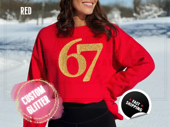 Glitter 67 Christmas Sweatshirt and T-Shirts: Funny 'Six Seven' Sparkly Holiday Sweater for Women. Custom Color Sparkling Festive Shirts