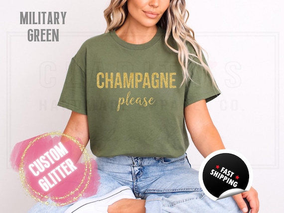 Sparkly Glitter Sweatshirt and T-Shirts: Christmas Bachelorette 'Champagne Please' Holiday Sweater. Custom Color Sparkling Festive Shirts