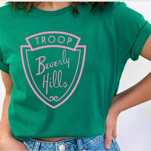Camiseta personalizada de Troop Beverly Hills, camisetas unisex de vacaciones para niños pequeños, camisetas de acampada familiar, camisetas de Girl Scouts Wilderness Girls, rosa y verde imagen 6
