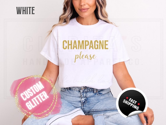Sparkly Glitter Sweatshirt and T-Shirts: Christmas Bachelorette 'Champagne Please' Holiday Sweater. Custom Color Sparkling Festive Shirts