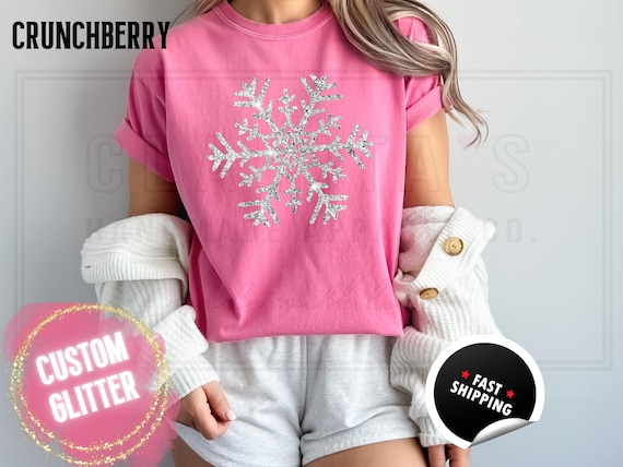 Sparkling Glitter Snowflake T-Shirt: Sparkly Winter Christmas Shirt, Womens Comfort Colors Distressed Holiday Party Tee, Real Sparkles