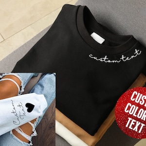 Custom Text on the Neck and Names on Sleeve Crewneck Sweatshirt, Personalized Name Initials on Sleeve, Minimalist Sweater, Personalized gift