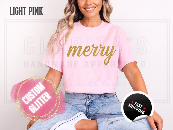 Glitter Christmas Sweatshirt and T-Shirts: Custom 'Merry' Holiday Sweater in a Sparkly Glitz Text. Custom Color Sparkling Festive Shirts