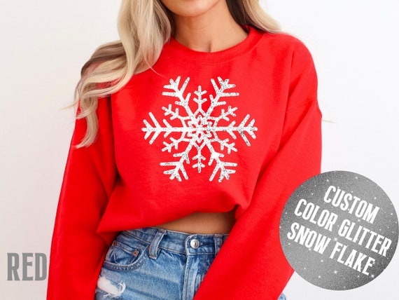 Women's Custom Glitter Snowflake Christmas Sweatshirt: Red Holiday Crewneck Sweater