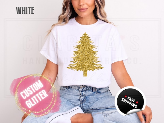 Glitter Christmas Tree Sweatshirt and T-Shirts: Bright Sparkly Holiday Sweater for Women. Custom Color Sparkling Festive Shirts