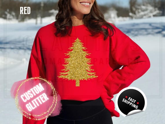 Sparkly Glitter Christmas Tree Sweatshirt: Holiday Crewneck Sweater for Women