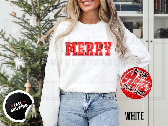 Custom Glitter Merry Christmas Sweatshirt, Holiday Crewneck Sweater
