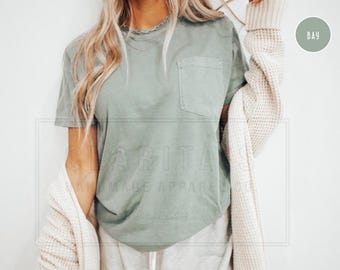 Koszulka Comfort Colors z kieszenią, ciężka koszula 100% bawełny, barwiona na odzieży, modna, miękka, vintage, sprana, unisex, pusta, miękka koszulka