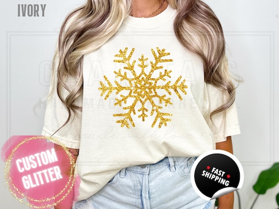 Sparkling Glitter Snowflake T-Shirt: Sparkly Winter Christmas Shirt, Womens Comfort Colors Distressed Holiday Party Tee, Real Sparkles