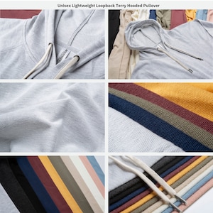 May include: A unisex lightweight loopback terry hooded pullover in a variety of colors, including gray, black, navy, burgundy, yellow, green, beige, and pink. The hoodie features a drawstring hood and a kangaroo pocket. The text "SS1000" is printed on the tag.