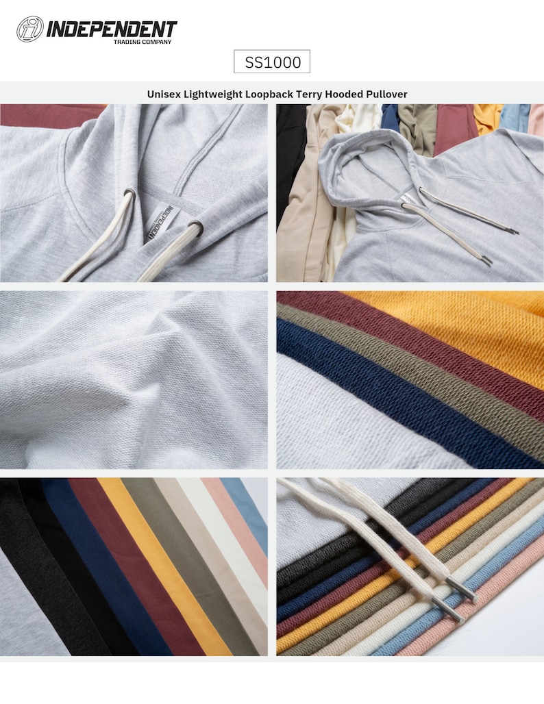 May include: A unisex lightweight loopback terry hooded pullover in a variety of colors, including gray, black, navy, burgundy, yellow, green, beige, and pink. The hoodie features a drawstring hood and a kangaroo pocket. The text "SS1000" is printed on the tag.