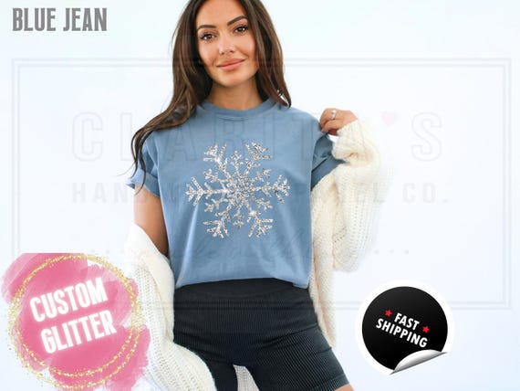 Sparkling Glitter Snowflake T-Shirt: Sparkly Winter Christmas Shirt, Womens Comfort Colors Distressed Holiday Party Tee, Real Sparkles