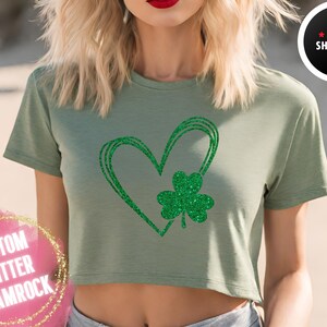 St. Patricks Day Crop Top, Women&#39;s Glitter Shamrock Tee Shirt, St Patricks Day Graphic, Cute Crop TShirt, St. Paddy&#39;s Day Tee, Lucky Shirt