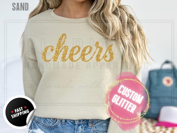 Glitter Christmas Sweatshirt and T-Shirts: Custom 'Cheers' Holiday Sweater in a Sparkly Glitz Text. Custom Color Sparkling Festive Shirts