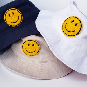 Smiley Face Bucket Hat | Glitter Smiley Face Hats | Cute Embroidered Yellow Smile Face Bucket Hat&#39;s | Choose your patch - Smiley Bucket Hat