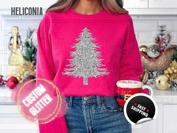 Glitter Christmas Tree Sweatshirt and T-Shirts: Bright Sparkly Holiday Sweater for Women. Custom Color Sparkling Festive Shirts