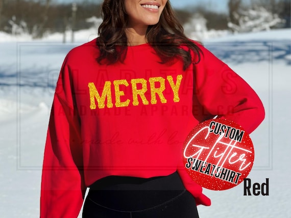 Gold Glitter Merry Christmas Sweatshirt: Red Holiday Sweater