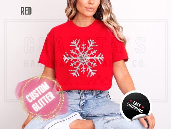 Sparkling Glitter Snowflake T-Shirt: Sparkly Winter Christmas Shirt, Womens Comfort Colors Distressed Holiday Party Tee, Real Sparkles