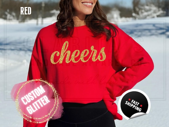 Glitter Christmas Sweatshirt and T-Shirts: Custom 'Cheers' Holiday Sweater in a Sparkly Glitz Text. Custom Color Sparkling Festive Shirts