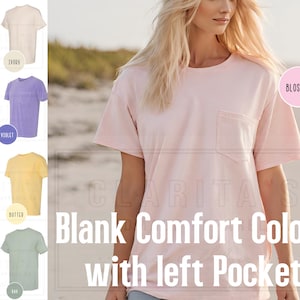 Comfort Colors T-shirt met zak, zwaar shirt 100% katoen, kledingstukgeverfd, trendy zachte vintage gewassen uniseks T-shirts, blanco zacht T-shirt