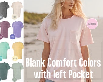 Comfort Colors T-shirt med ficka, kraftig skjorta 100 % bomull, plaggfärgade trendiga mjuka vintagetvättade unisex-t-shirts, blank mjuk t-shirt