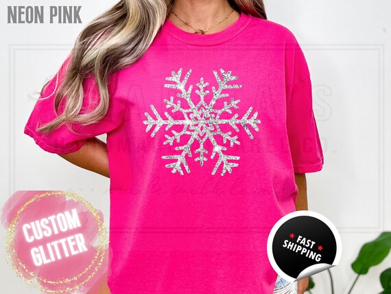 Sparkling Glitter Snowflake T-Shirt: Sparkly Winter Christmas Shirt, Womens Comfort Colors Distressed Holiday Party Tee, Real Sparkles