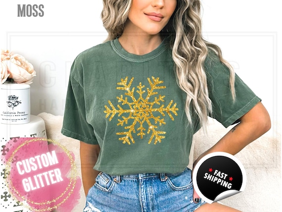 Sparkling Glitter Snowflake T-Shirt: Sparkly Winter Christmas Shirt, Womens Comfort Colors Distressed Holiday Party Tee, Real Sparkles