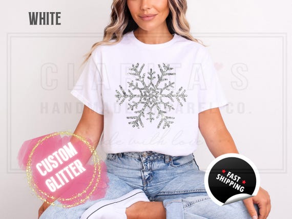 Sparkling Glitter Snowflake T-Shirt: Sparkly Winter Christmas Shirt, Womens Comfort Colors Distressed Holiday Party Tee, Real Sparkles