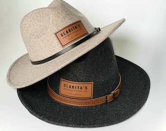 Wool Fedora Hat, Wide Brim, Leather Belt, Adjustable Sweatband