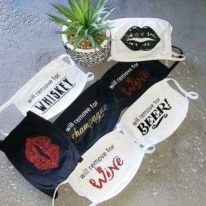 Fun cotton face masks | Glitter print masks | 4 pack mix & match | 3 layers‐ Beer, Champagne, Whiskey, Wine. Washable Resuable 100% Cotton