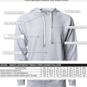 May include: A gray unisex lightweight hooded pullover with a white drawstring and white ribbed cuffs and waistband. The hoodie features a tear-away neck label, antique silver eyelets, and a twill neck tape. The fabric is 7.5 oz. (250gm) loopback terry with 20 singles face yarn.  The size chart shows measurements in inches for XS, S, M, L, XL, 2XL, and 3XL.