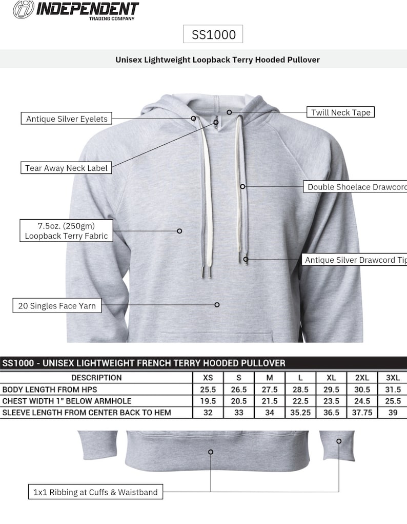 May include: A gray unisex lightweight hooded pullover with a white drawstring and white ribbed cuffs and waistband. The hoodie features a tear-away neck label, antique silver eyelets, and a twill neck tape. The fabric is 7.5 oz. (250gm) loopback terry with 20 singles face yarn.  The size chart shows measurements in inches for XS, S, M, L, XL, 2XL, and 3XL.