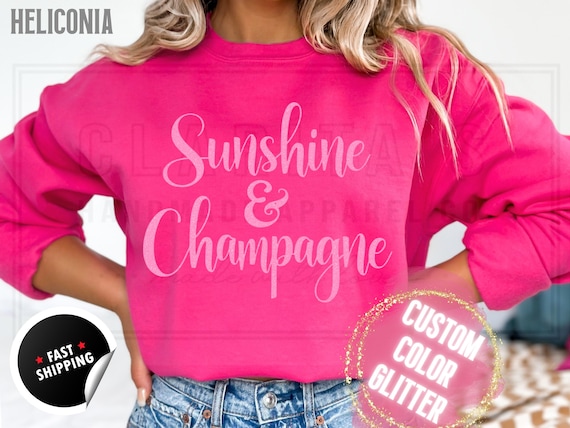 Sparkly Glitter Sweatshirt and T-Shirts: 'Sunshine and Champagne' Holiday Party Sweater. Women's Real Sparkling Festive Shirt, Custom Color